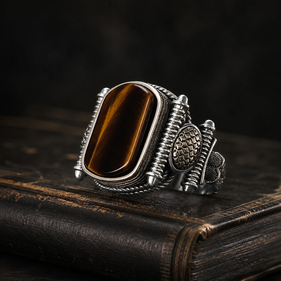 Tiger Eye Ropework Sterling Silver Men's Ring on a black leather book