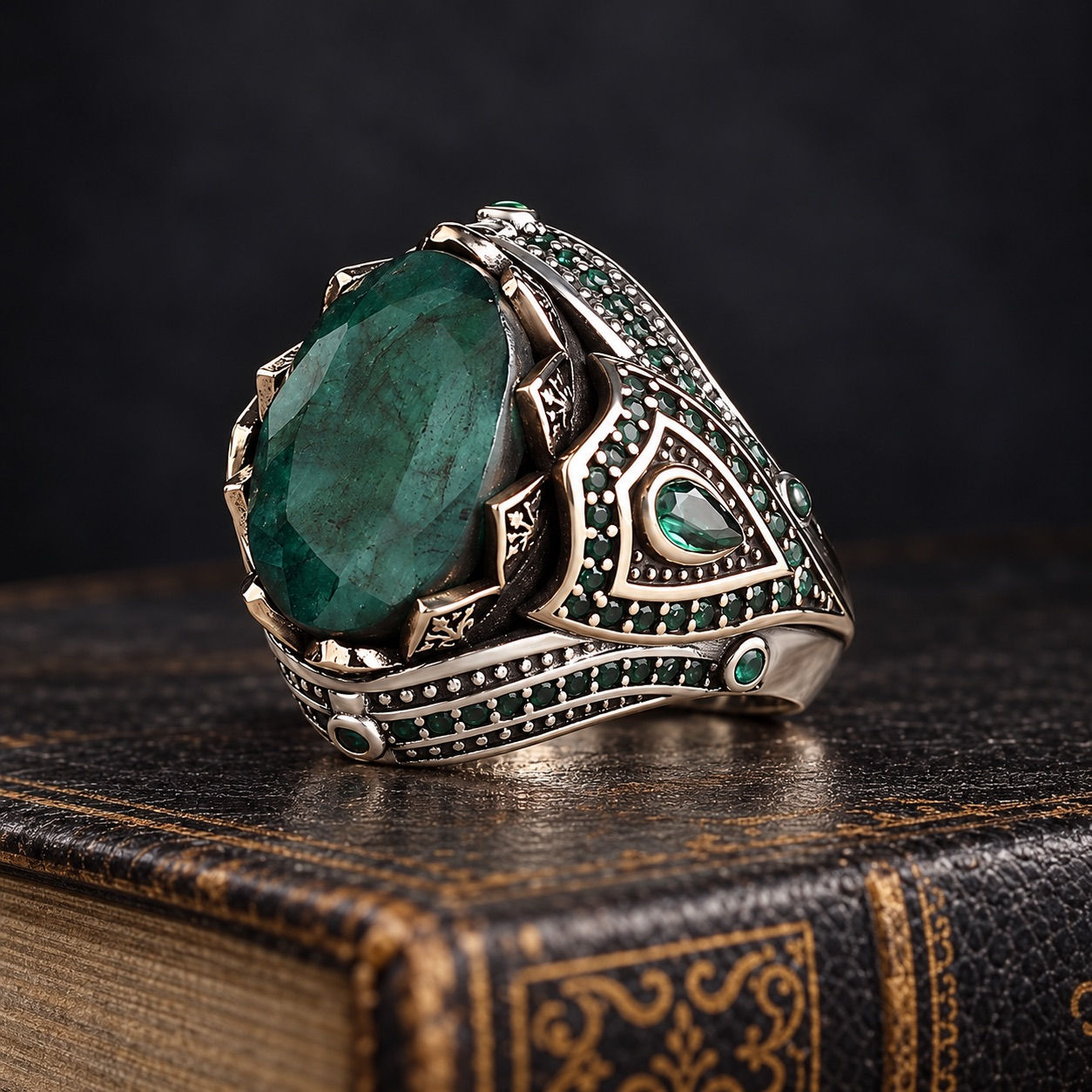 Emerald Stone Sterling Silver Men's Ring on Black Leather Book