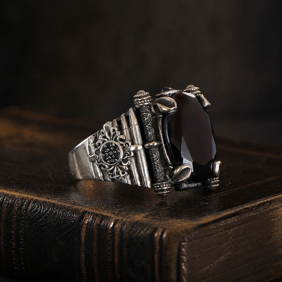 Black Zircon Rosette Sterling Silver Men's Ring displayed on a black leather antique book