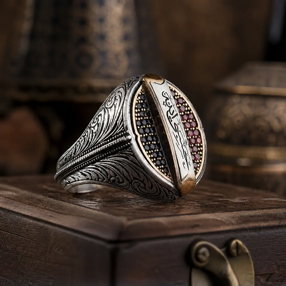 Detailed view of Custom Two Tone Silver Signet Ring with Arabic Calligraphy