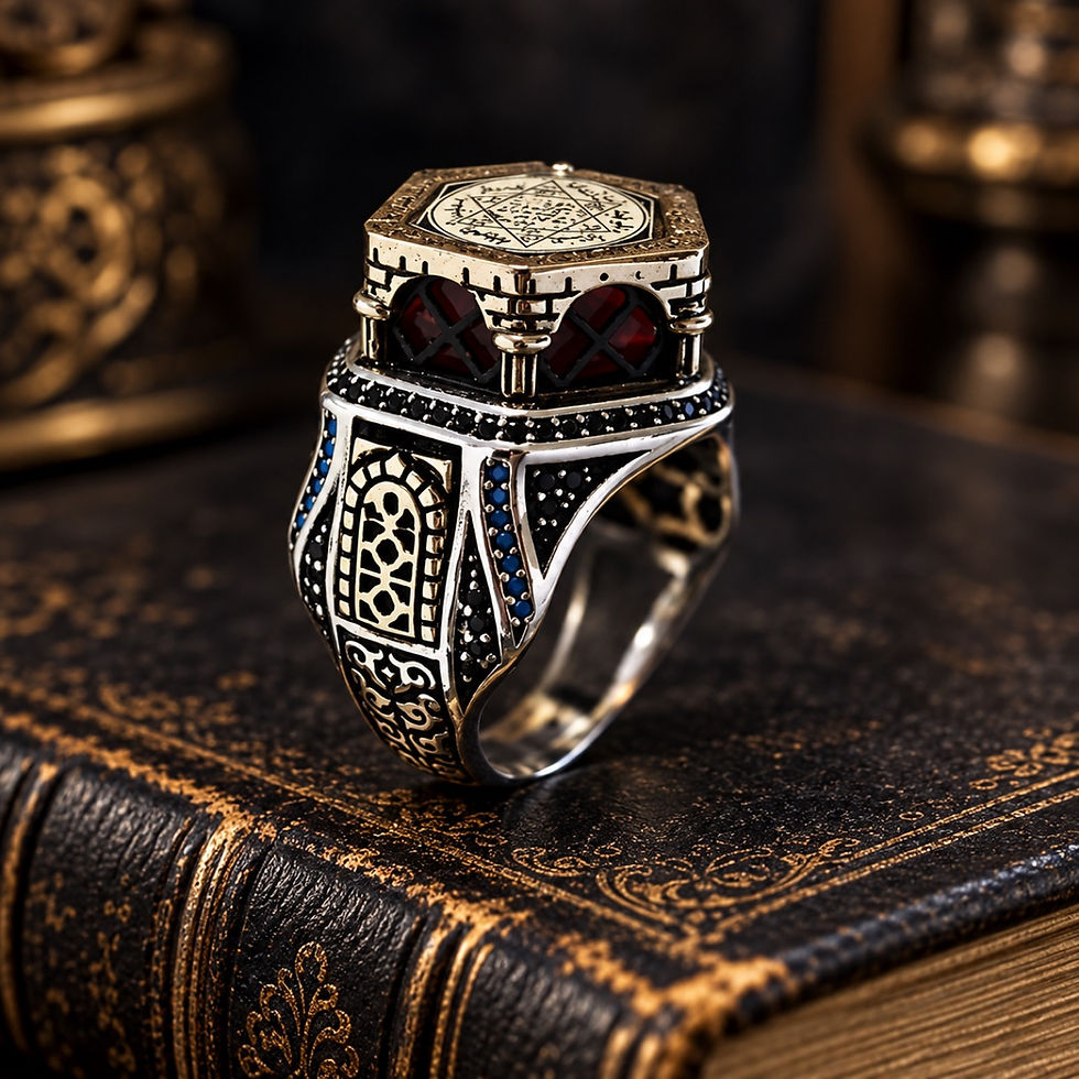 Babylon Seal of Solomon sterling silver men's ring on a black leather book