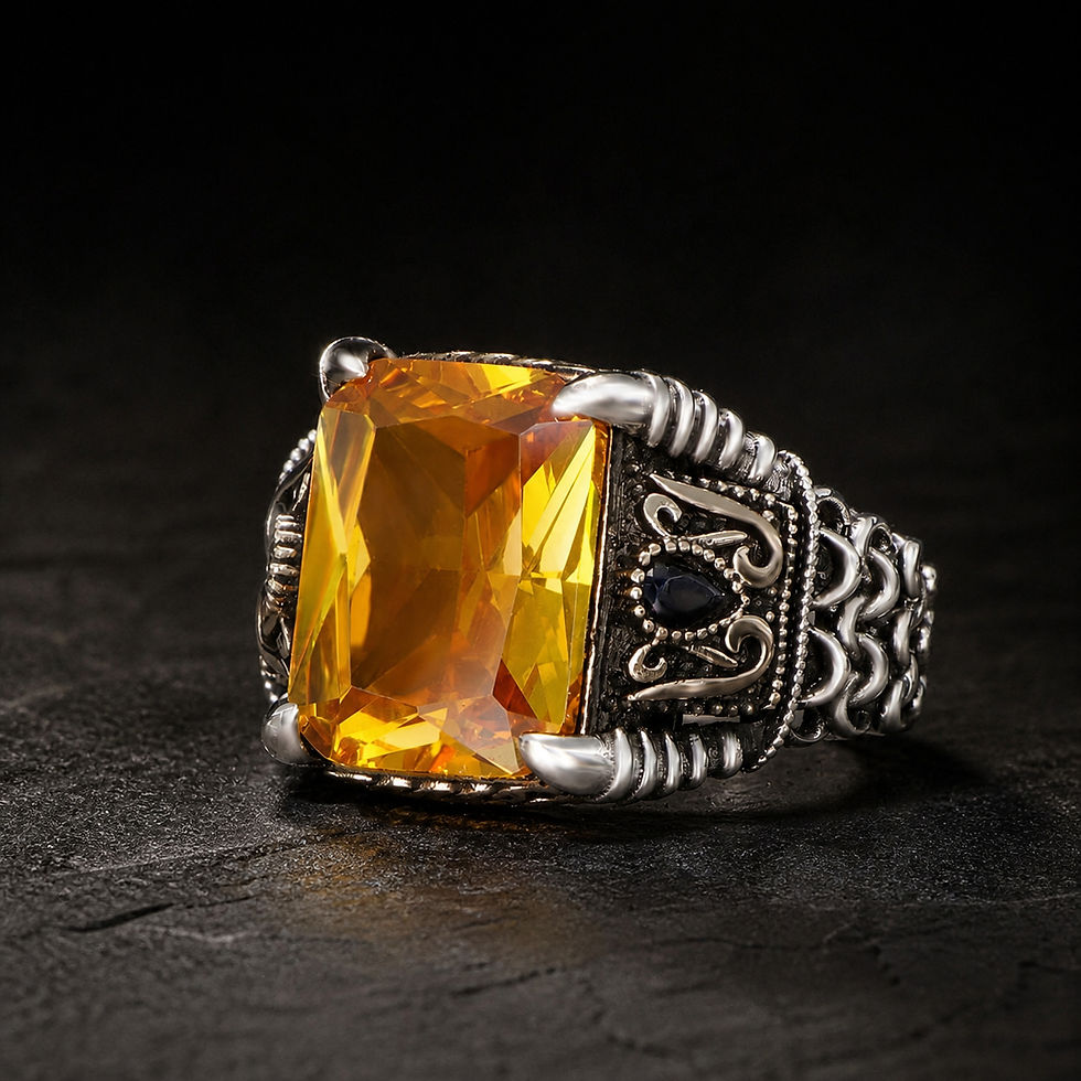 Rectangular Citrine Chain Sterling Silver Men's Ring alternate view on a dark charcoal surface