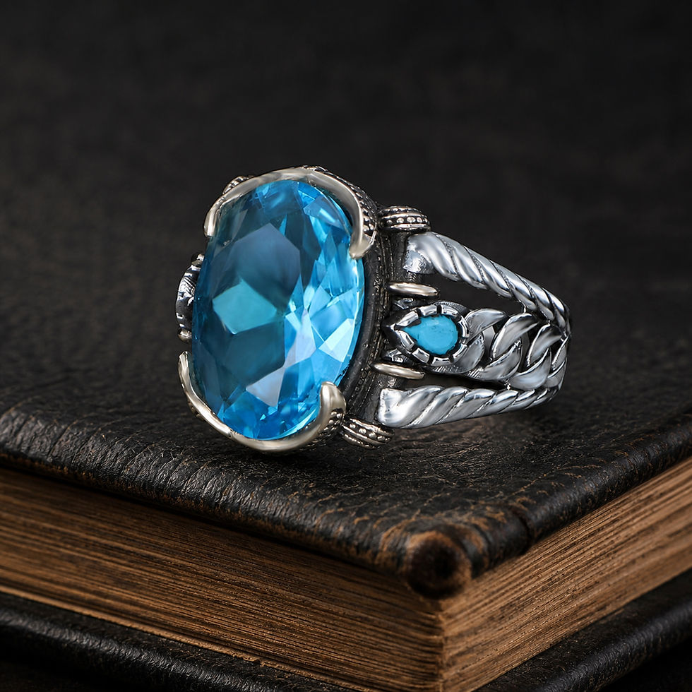 サムネイル： Blue Topaz Oval Chain Motif Sterling Silver Men's Ring displayed on a black leather antique book