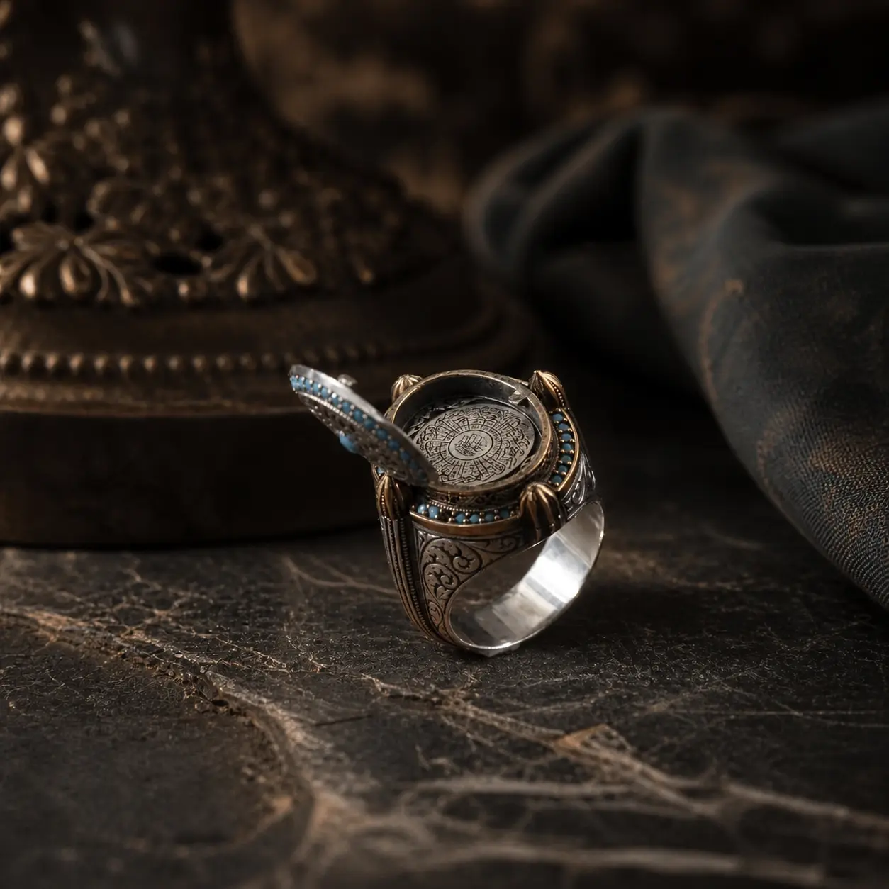 Detailed view of Custom Handcrafted Silver Locket Ring with Turquoise Micro Stones