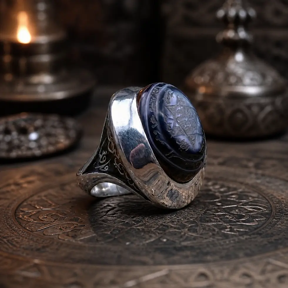 Detailed view of Black Yemen Agate Silver Men's Ring with Solomon's Seal Engraving