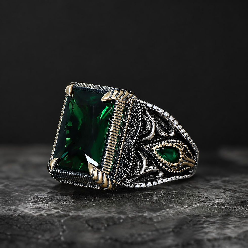 サムネイル： Emerald Green Zircon Square Sterling Silver Men's Ring on a dark slate surface