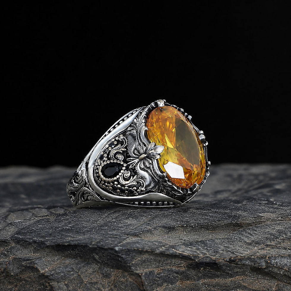 サムネイル： Citrine Floral Sterling Silver Men's Ring on a dark slate surface