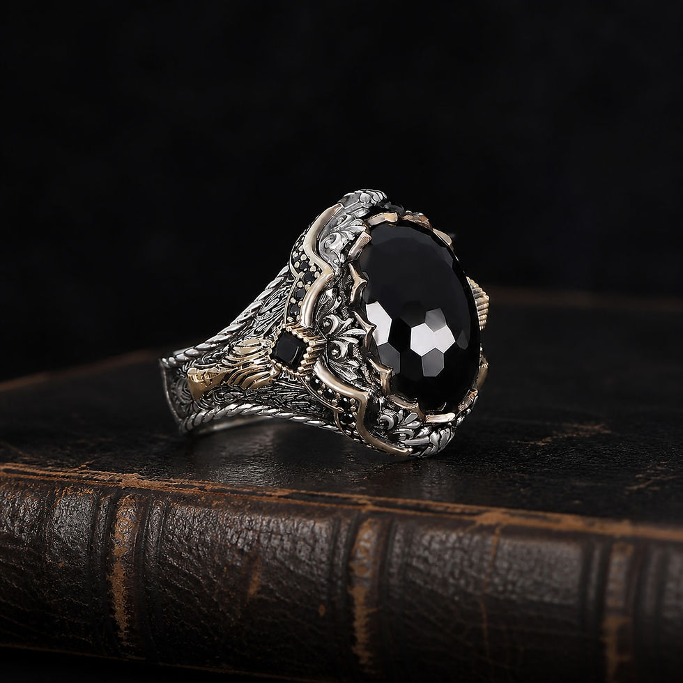 サムネイル： Hand Engraved Black Zircon Men's Silver Ring on a black leather book