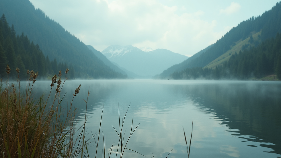 Close-up view of a serene landscape with a calm lake