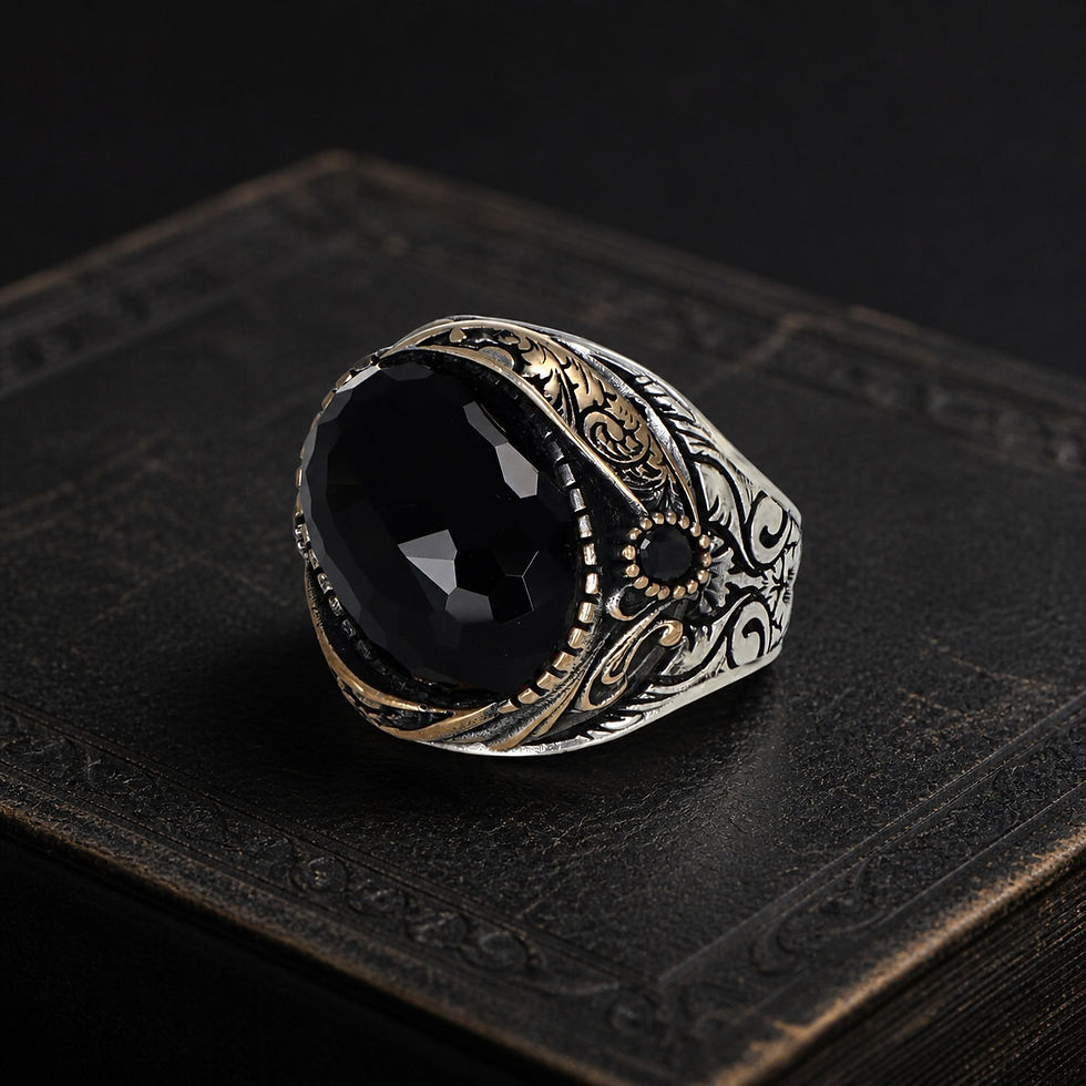 サムネイル： Ornate Black Zircon Sterling Silver Men's Ring on a black leather book