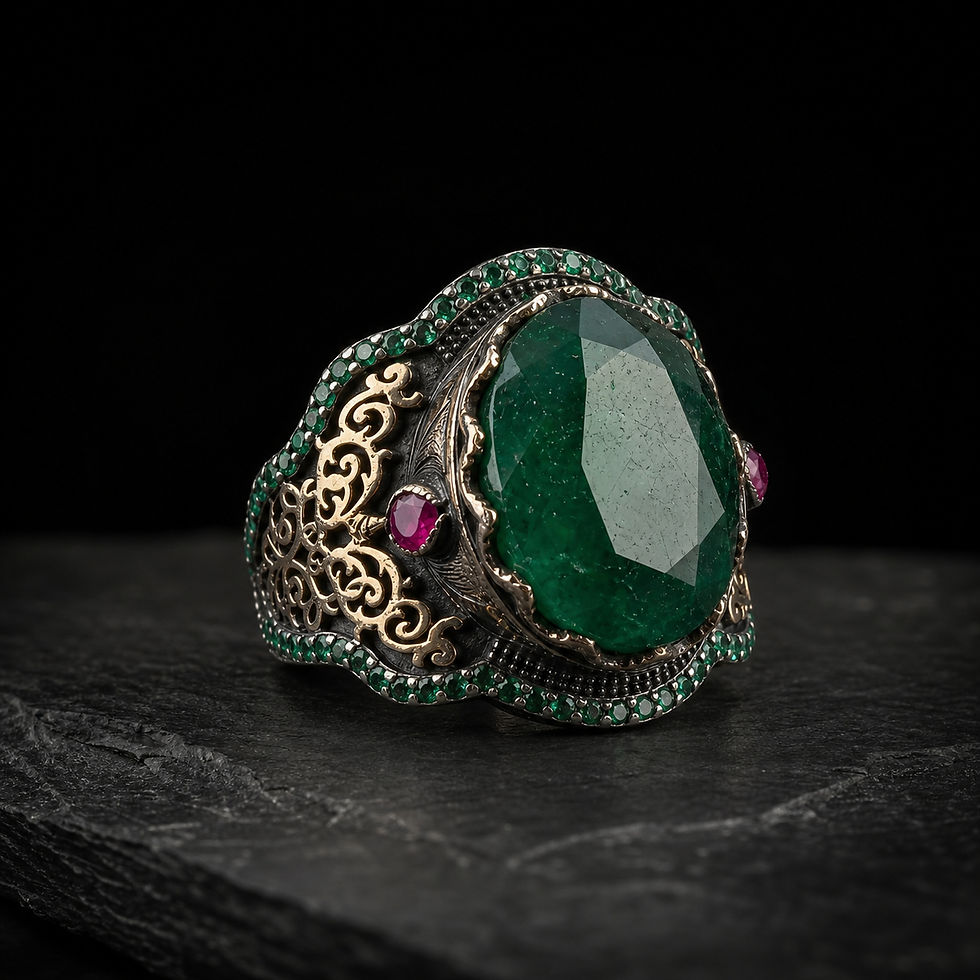 サムネイル： Majestic Root Emerald Pavé Sterling Silver Men's Ring alternate view on dark charcoal slate