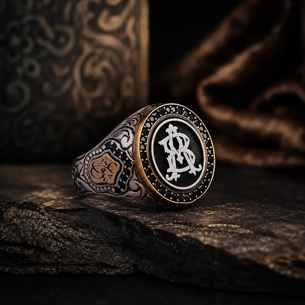 Detailed view of Custom Personalized Silver Men's Signet Ring with Interlocking Initials