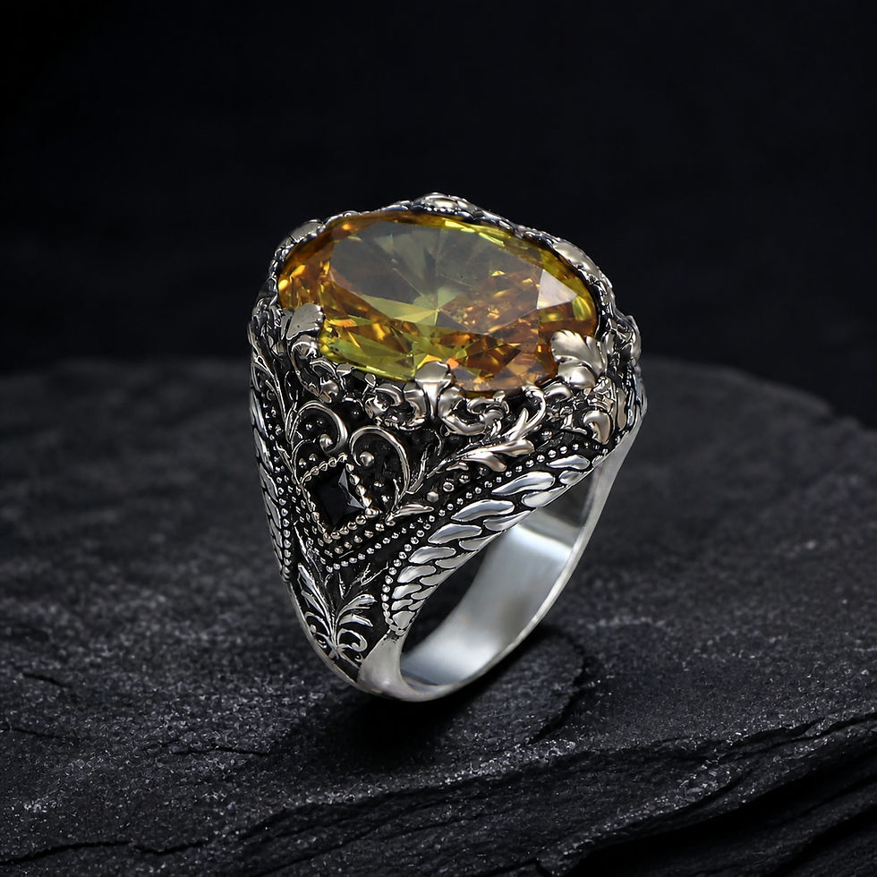 サムネイル： Golden Citrine Ornate Sterling Silver Men's Ring on a dark slate surface