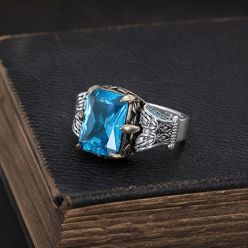サムネイル： Blue Topaz Chain Motif Sterling Silver Men's Ring displayed on a black leather antique book