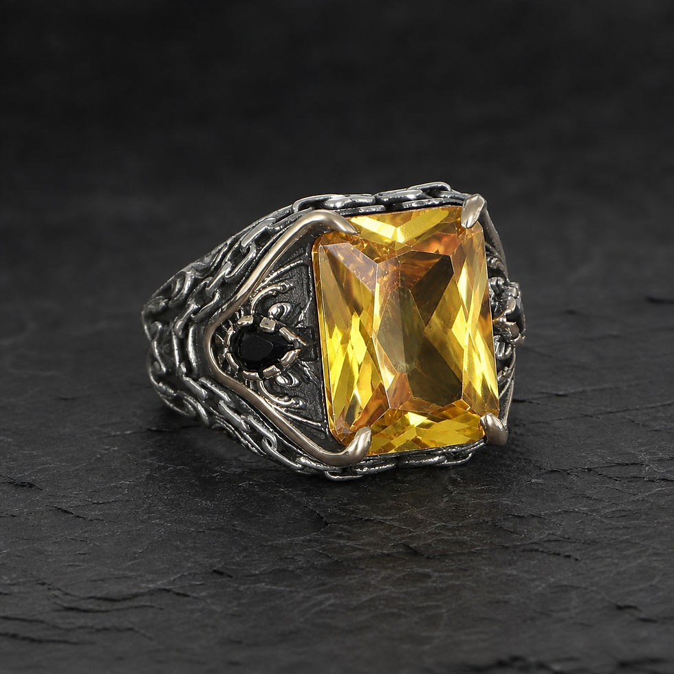 サムネイル： Citrine Chain Motif Sterling Silver Men's Ring alternate view on a dark textured surface