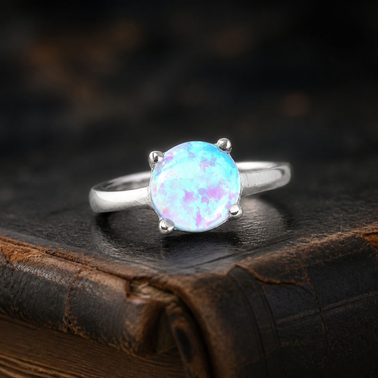 Women's Round Blue Opal Solitaire Sterling Silver Ring