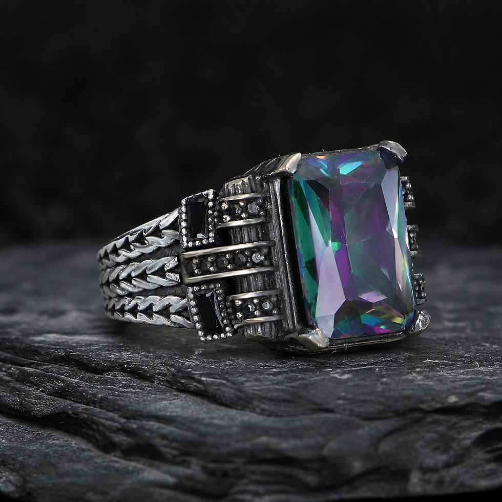 サムネイル： Mystic Topaz Geometric Chain Sterling Silver Men's Ring alternate view on a dark textured surface
