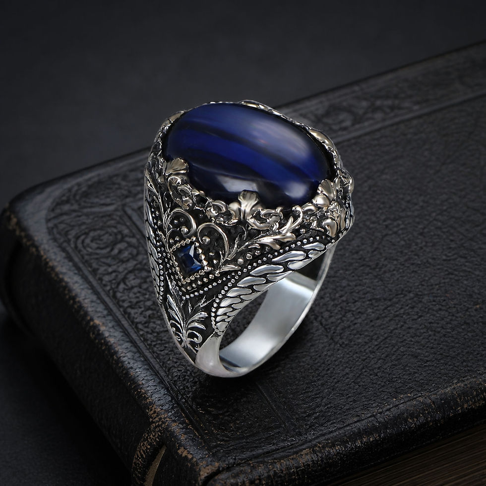 サムネイル： Tiger Eye Floral Sterling Silver Men's Ring on a black leather book