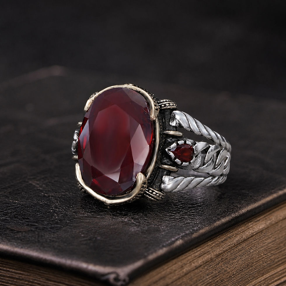 サムネイル： Garnet Red Zircon Leaf Motif Sterling Silver Men's Ring displayed on a black leather antique book