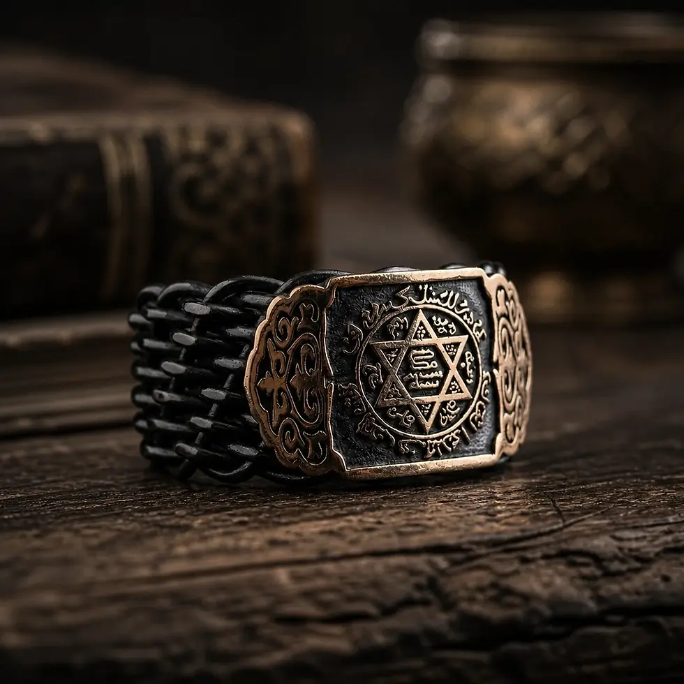 Detailed view of Silver Men's Braided Band Ring with Seal of Solomon and Calligraphy