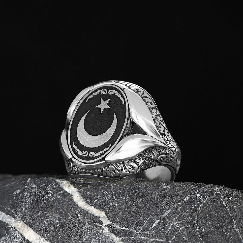 Crescent Star Polished Sterling Silver Men's Ring on a dark stone surface