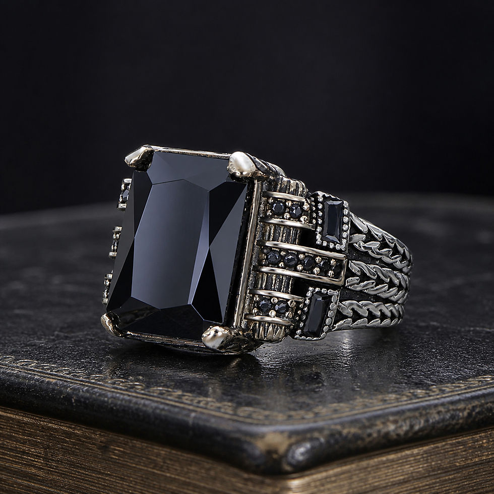 サムネイル： Black Zircon Geometric Chain Sterling Silver Men's Ring displayed on a black leather antique book