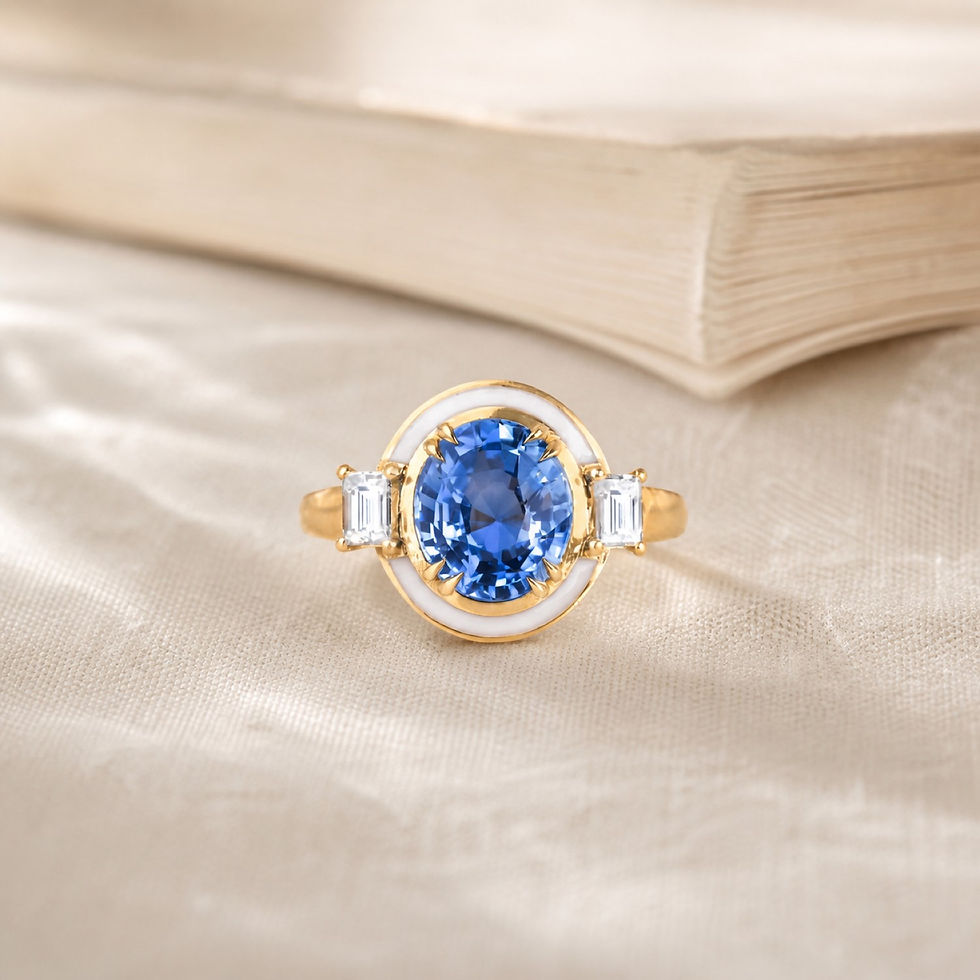 Royal Ceylon Sapphire Diamond Halo Ring with white enamel