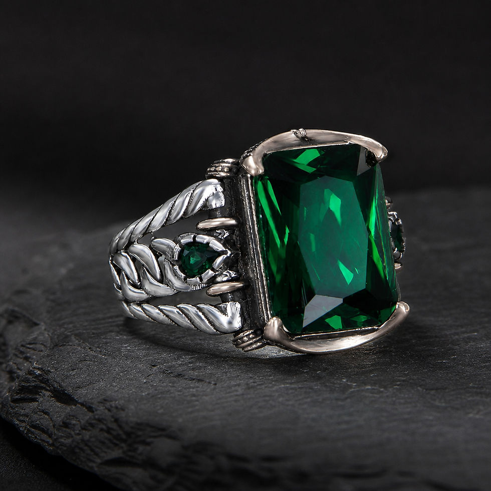 サムネイル： Emerald Green Zircon Braided Sterling Silver Men's Ring alternate view on a dark textured surface