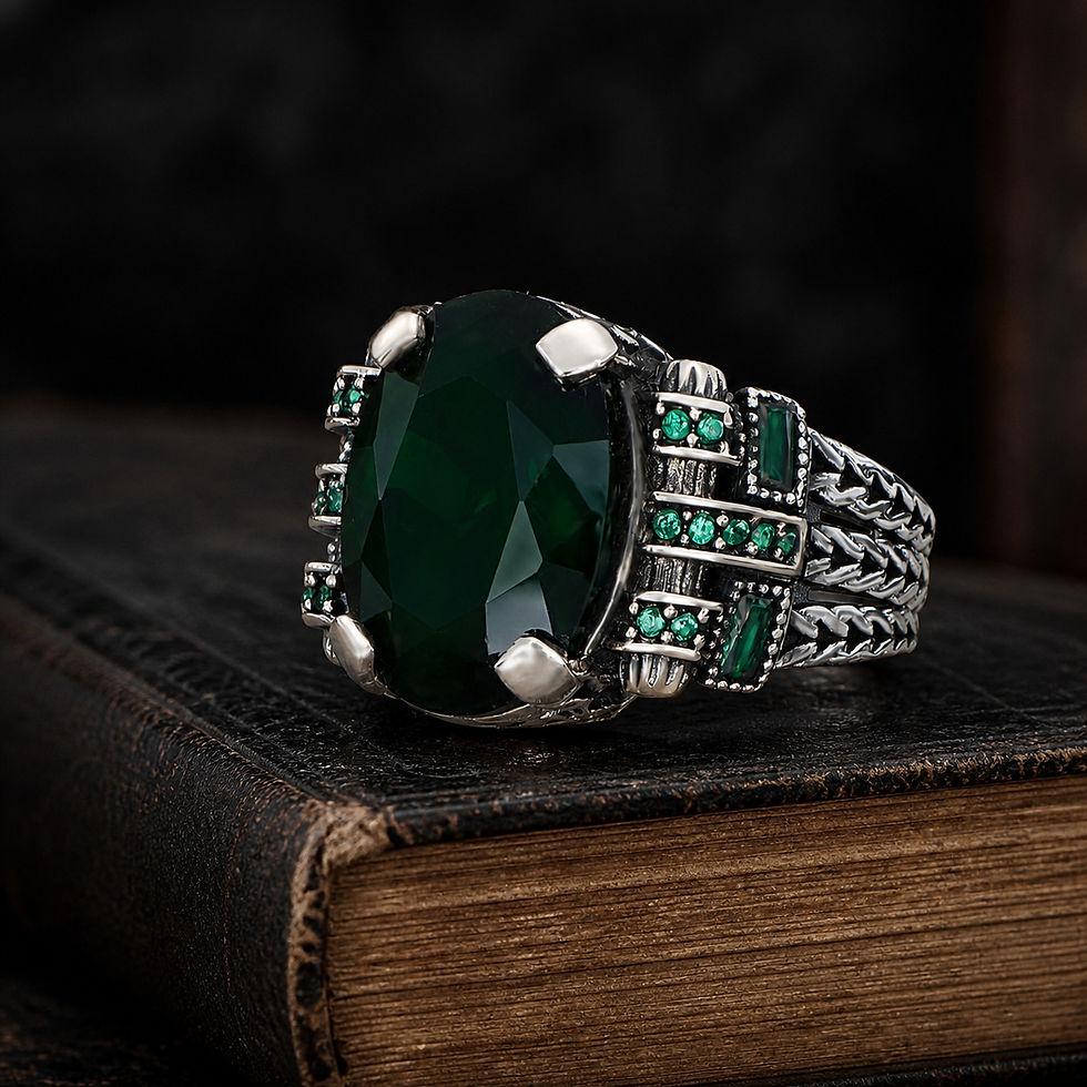 サムネイル： Emerald Zircon Geometric Chain Sterling Silver Men's Ring displayed on a black leather antique book