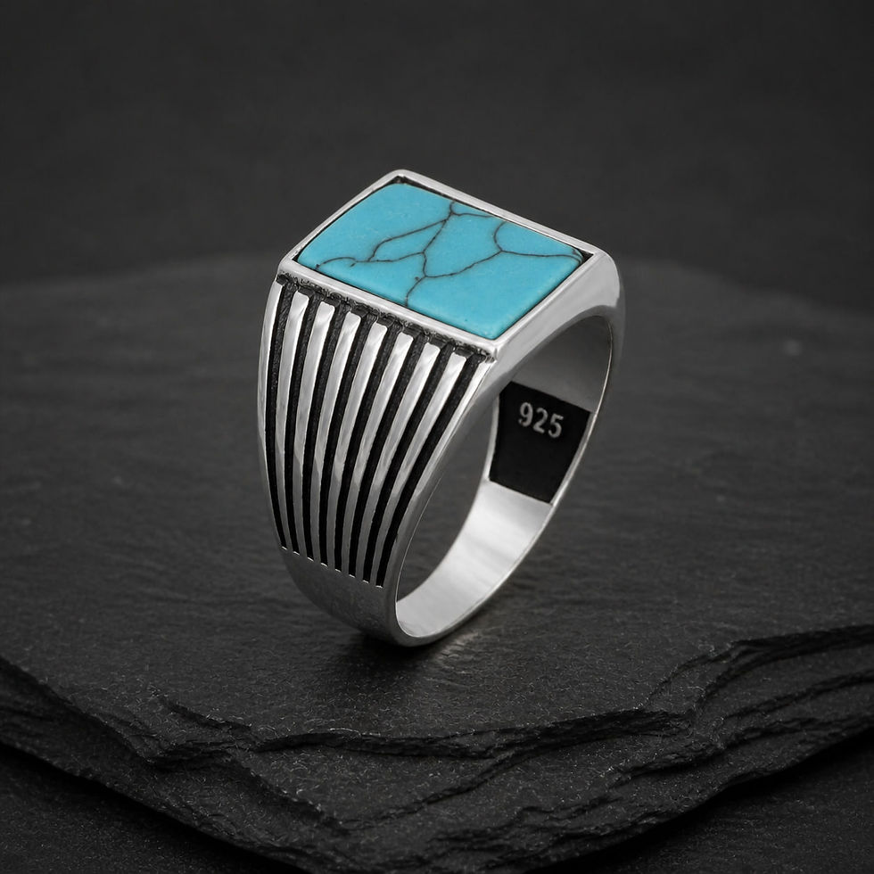 サムネイル： Turquoise Men's Sterling Silver Grooved Signet Ring on dark slate