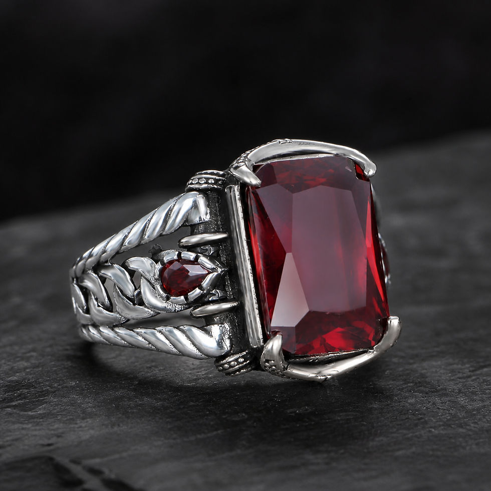 Red Zircon Braided Sterling Silver Men's Ring alternate view on a dark textured surface