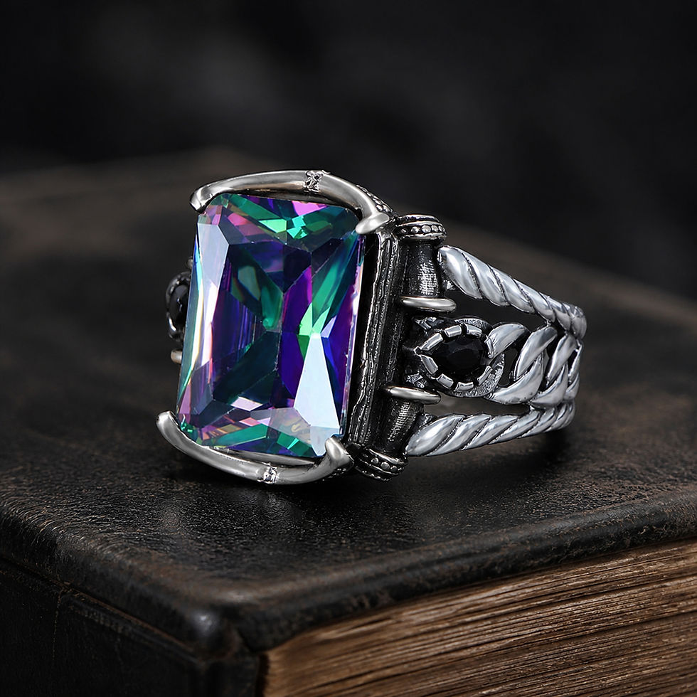 サムネイル： Mystic Topaz Braided Sterling Silver Men's Ring displayed on a black leather antique book