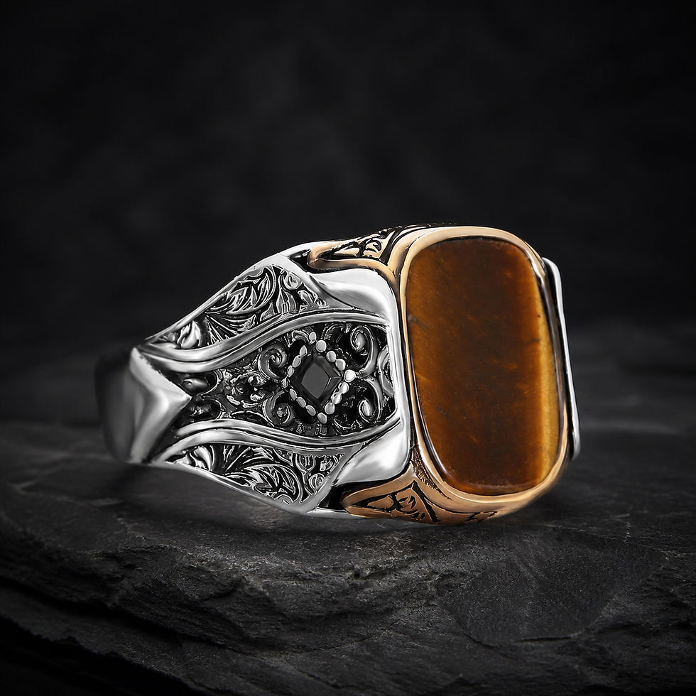 サムネイル： Engraved Brown Tiger Eye Sterling Silver Men's Ring on a dark slate surface