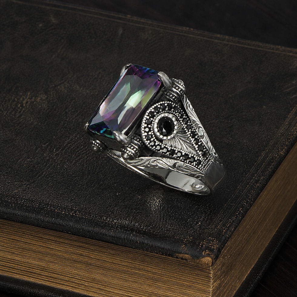 Mystic Topaz Triangular Motif Sterling Silver Men's Ring displayed on a black leather antique book
