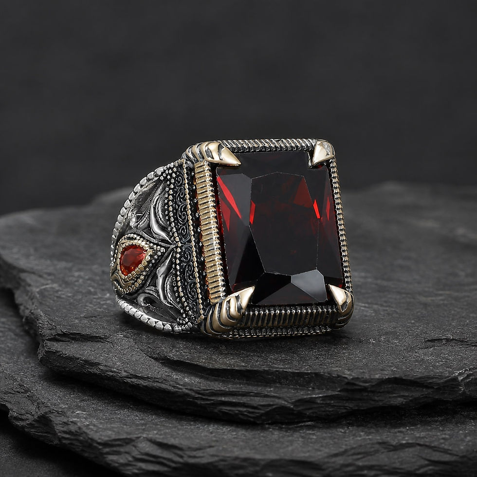 サムネイル： Hand Engraved Red Zircon Men's Sterling Silver Ring on dark slate