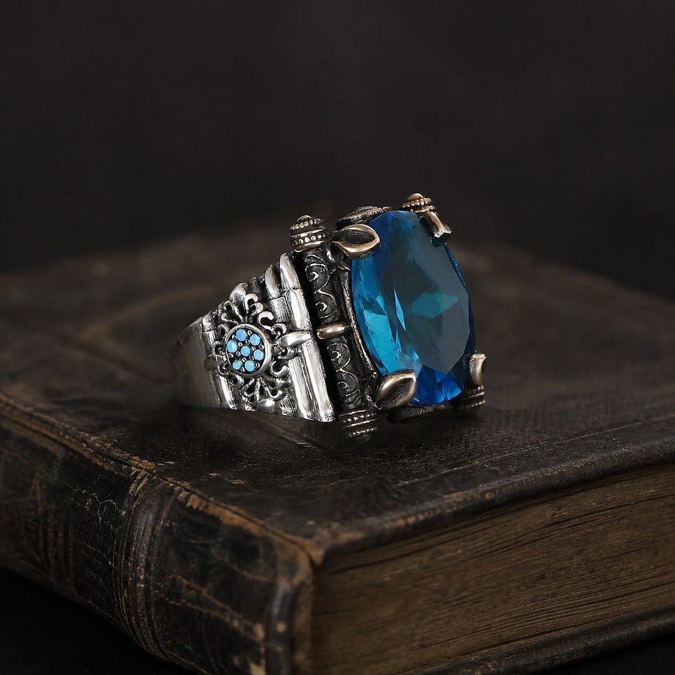 Aquamarine Rosette Sterling Silver Men's Ring displayed on a black leather antique book