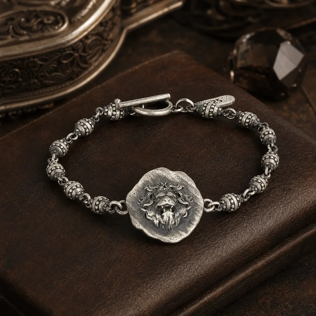 Silver Lion Natural Stone Men's Bracelet with 925 Sterling Detail