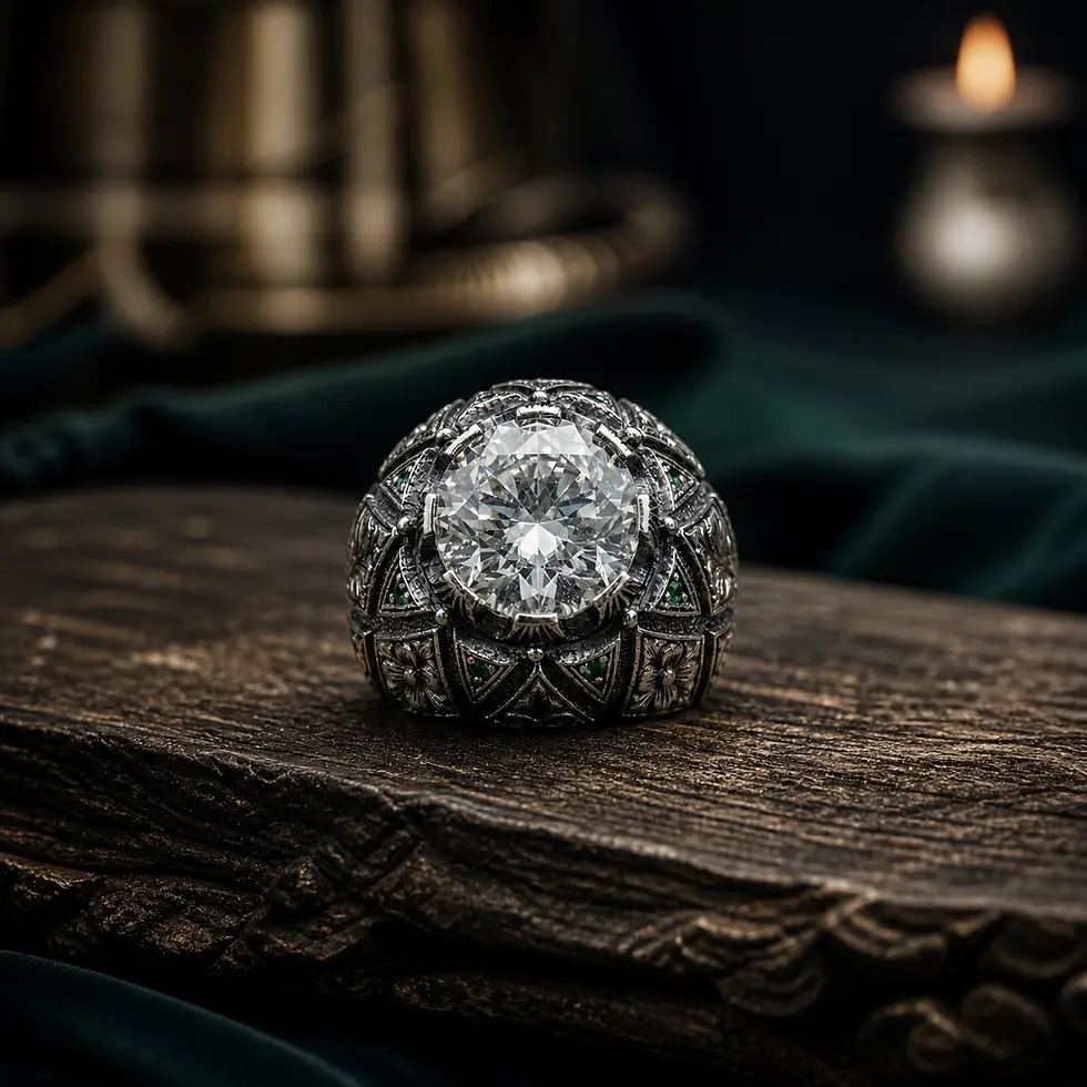 Alternate view of Handcrafted Silver Men's Ring with Large Moissanite Center and Emerald Accents