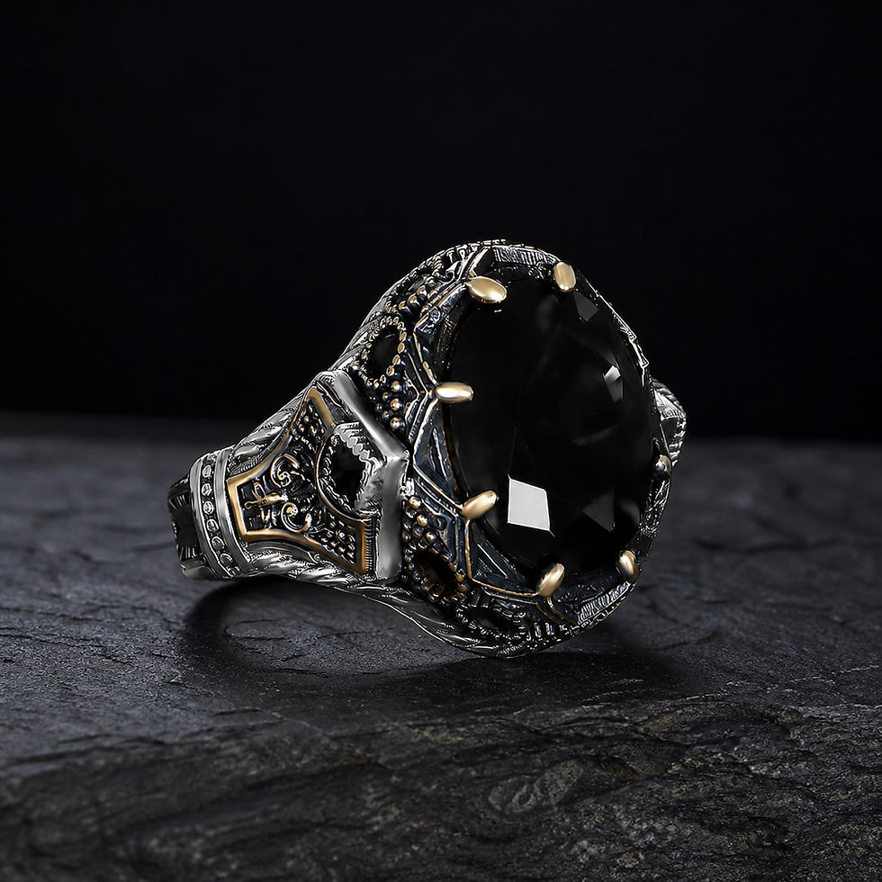サムネイル： Oval Black Zircon Ornate Sterling Silver Men's Ring on a dark slate surface