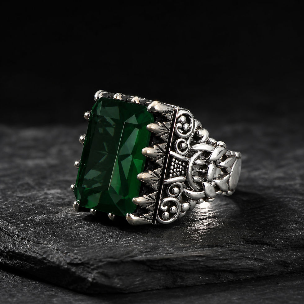 サムネイル： Green Zircon Ornate Sterling Silver Men's Ring on a dark slate surface