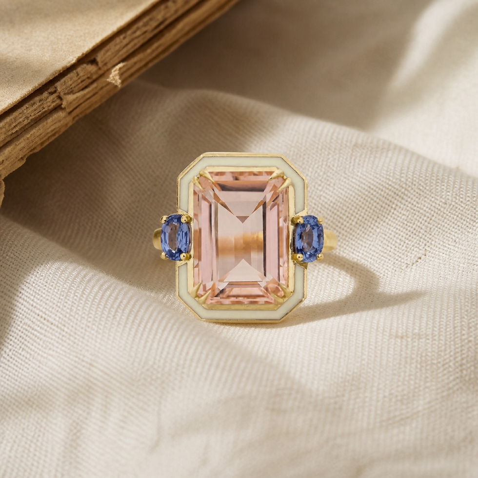 Blush Topaz Blue Sapphire Enamel Ring on white fabric