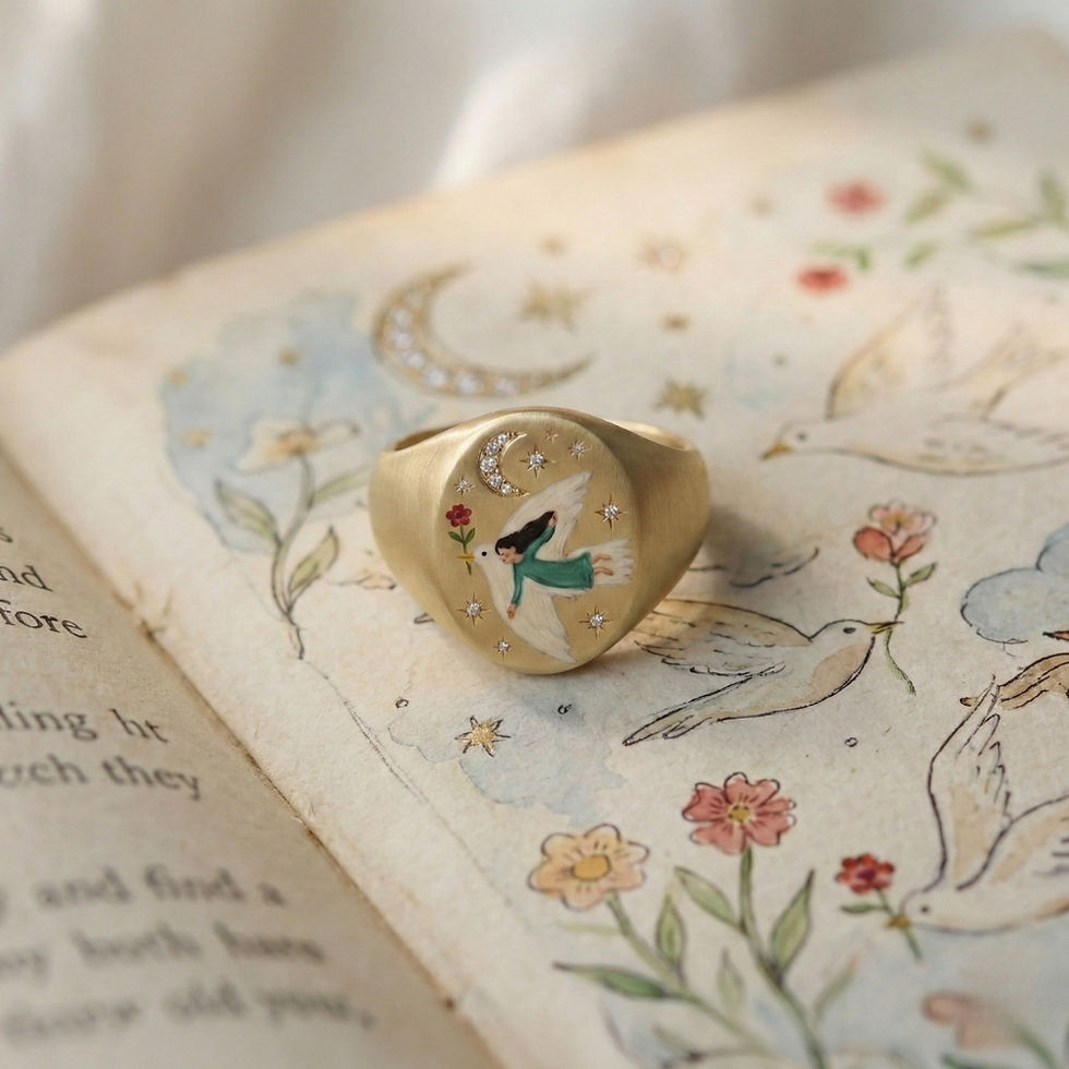 Küçük resim: 18k Gold Fairy Tale Dove Signet Ring | Enamel Flying Girl & Diamond Ring