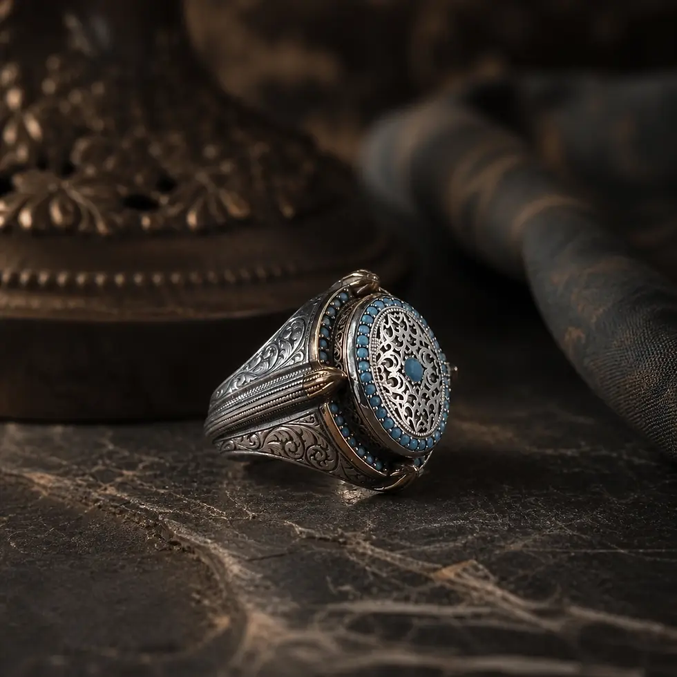 Alternate view of Custom Handcrafted Silver Locket Ring with Turquoise Micro Stones