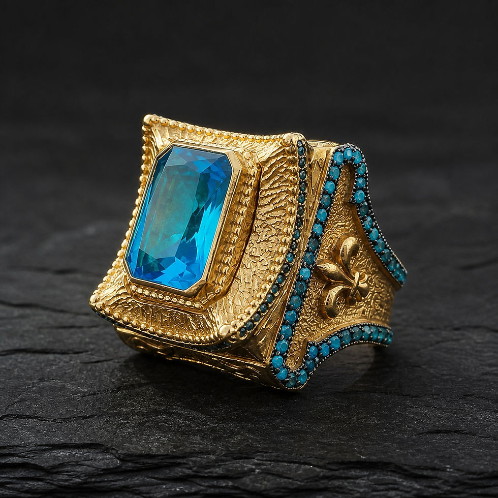サムネイル： Turquoise Blue Stone Gold Plated Sterling Silver Men's Ring alternate view on dark charcoal slate