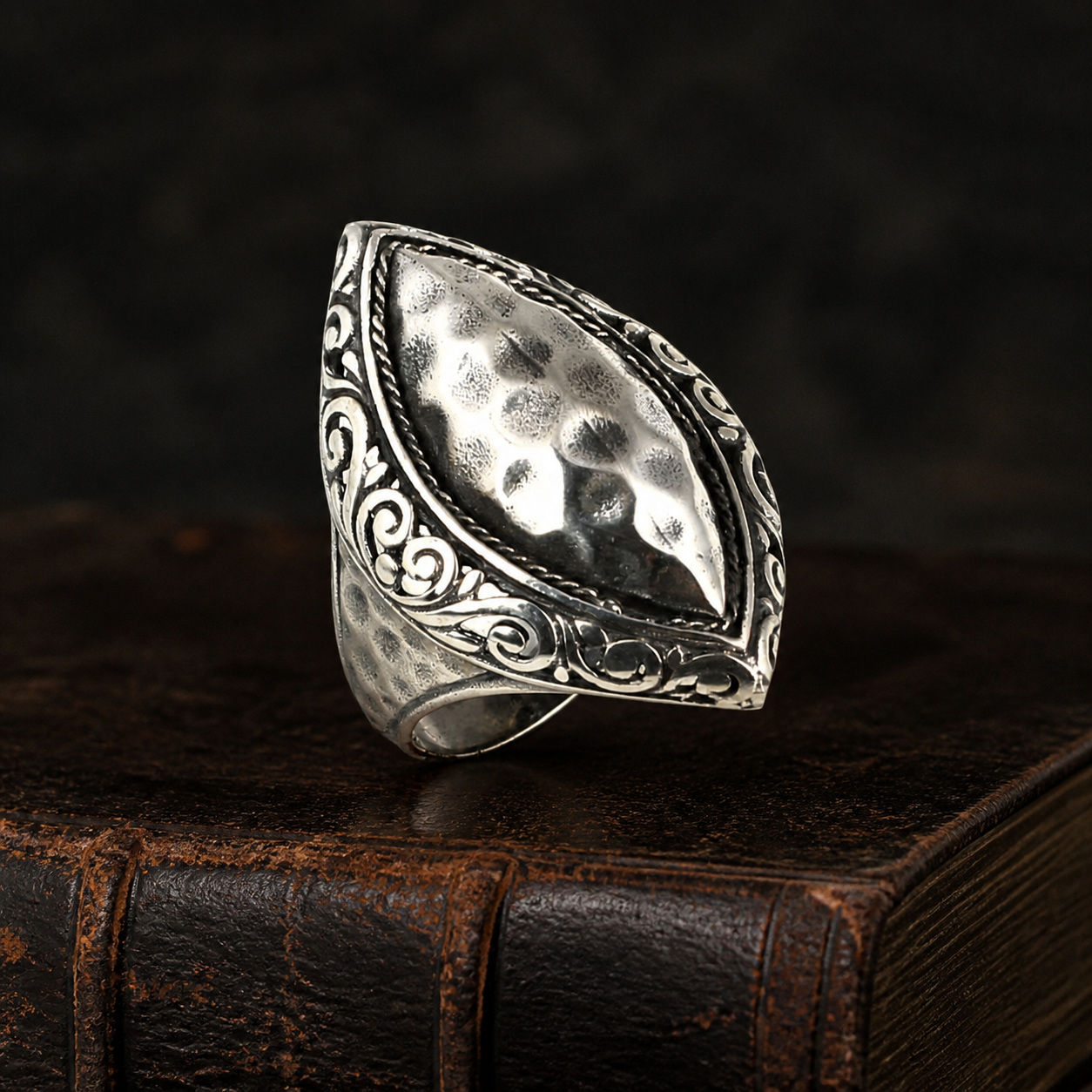 Women's Hammered Marquise Statement Sterling Silver Ring