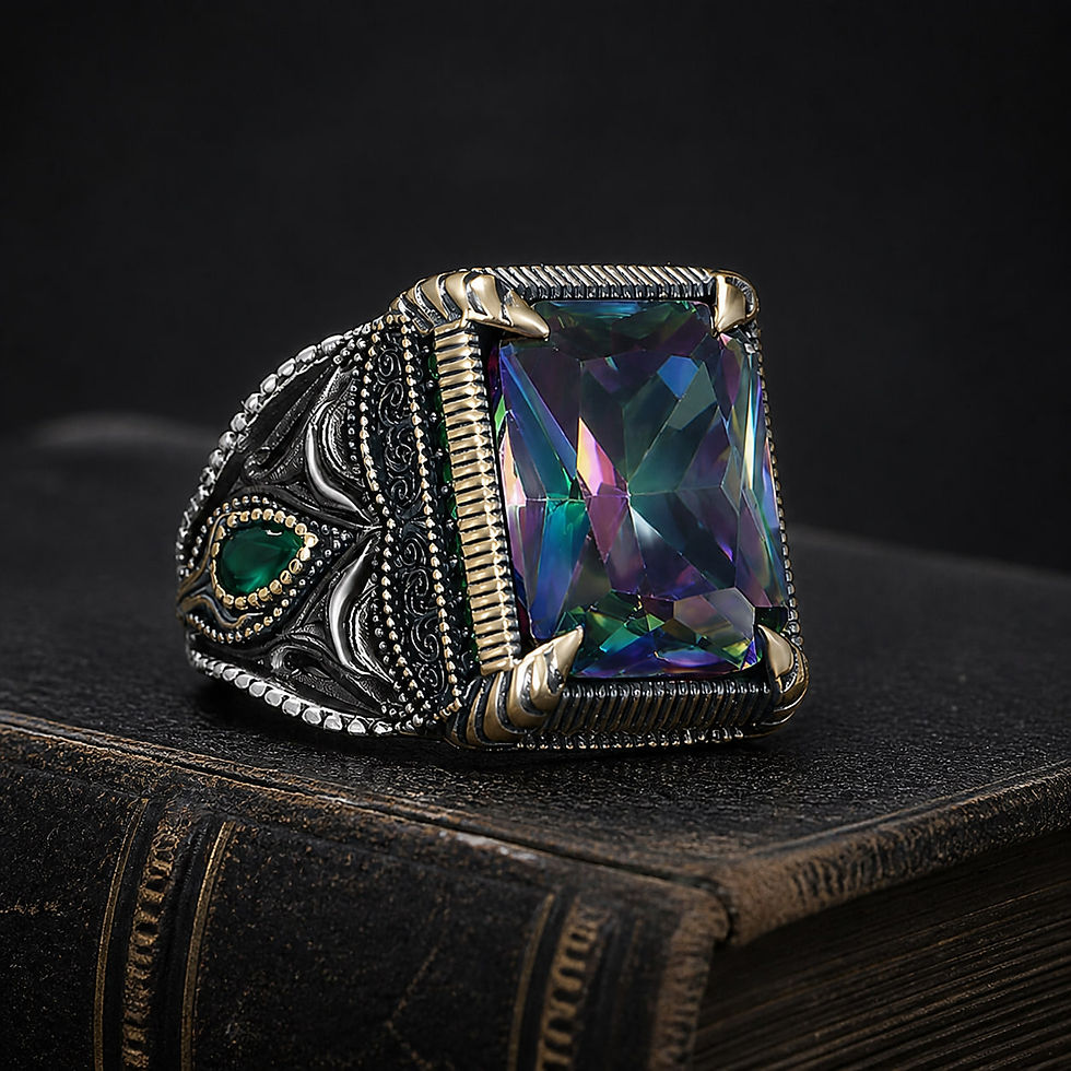 サムネイル： Mystic Topaz Hand Engraved Men's Sterling Silver Ring on a black leather book