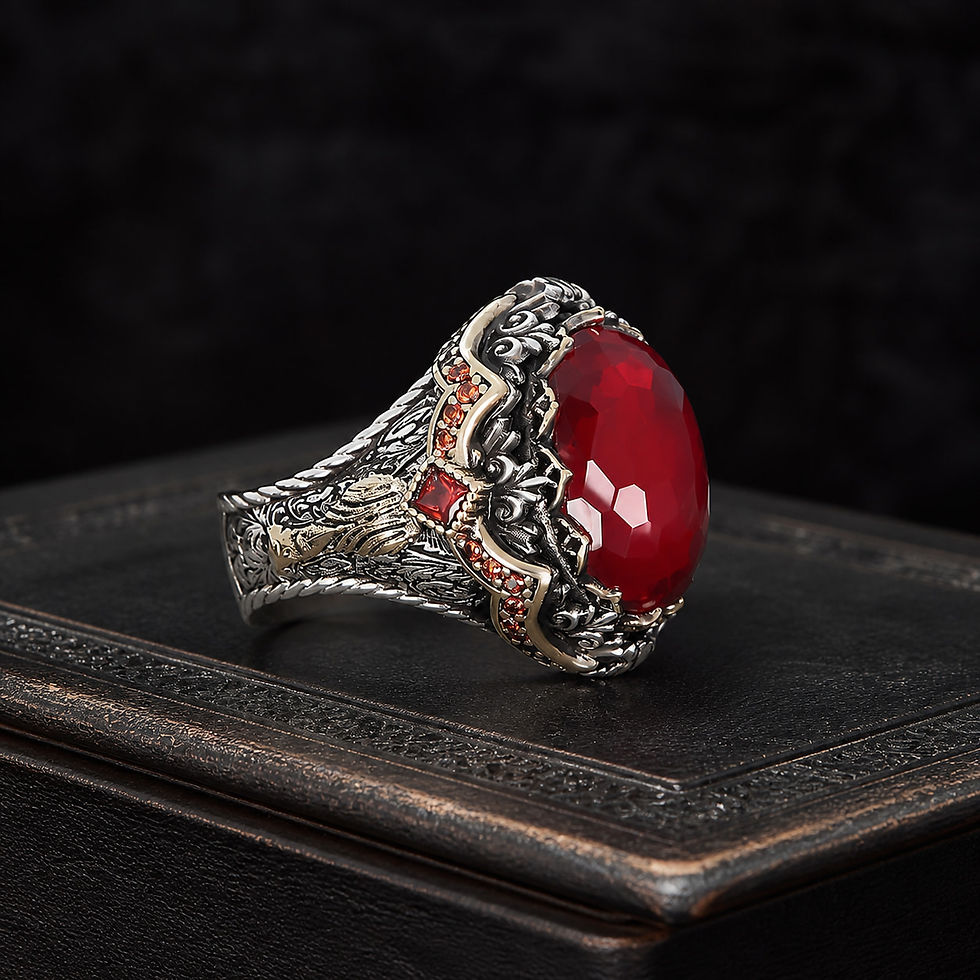 Eagle Red Zircon Sterling Silver Men's Ring on a black leather book