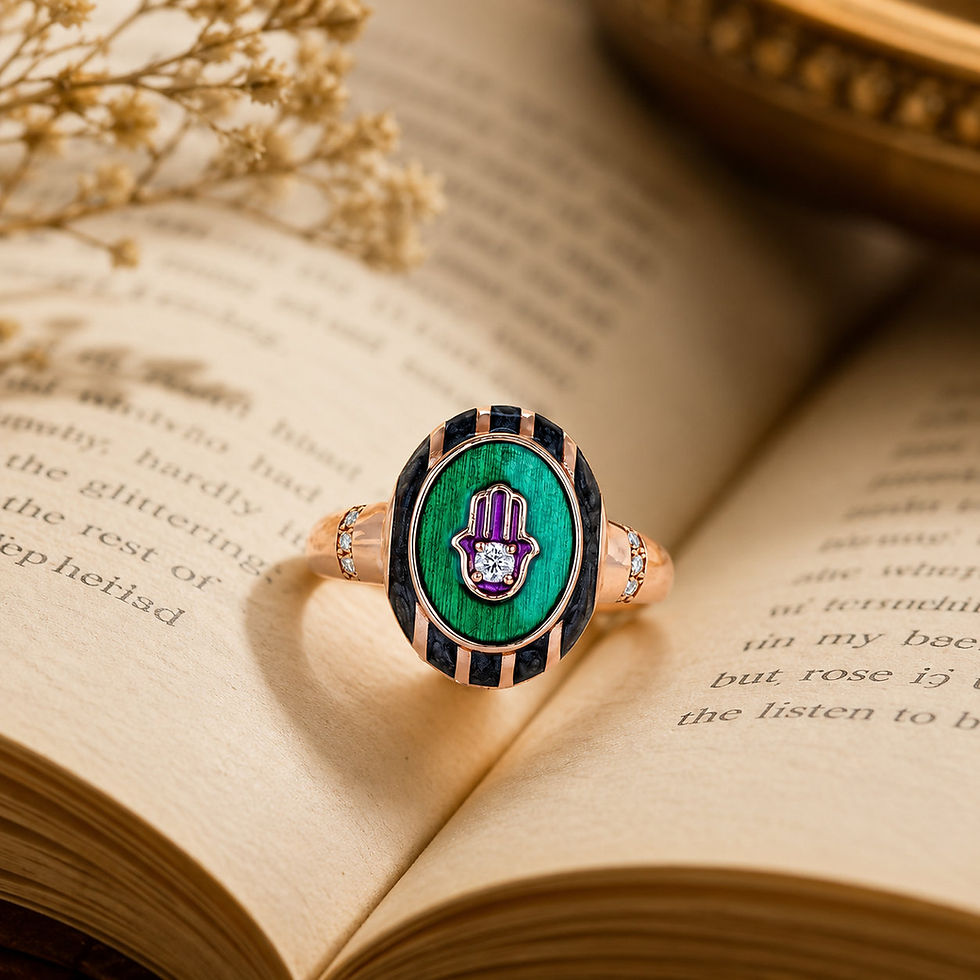 Miniaturbild: Smaragdgrüner Emaille Diamant Hamsa Ring | Goldene Siegelringe für Damen