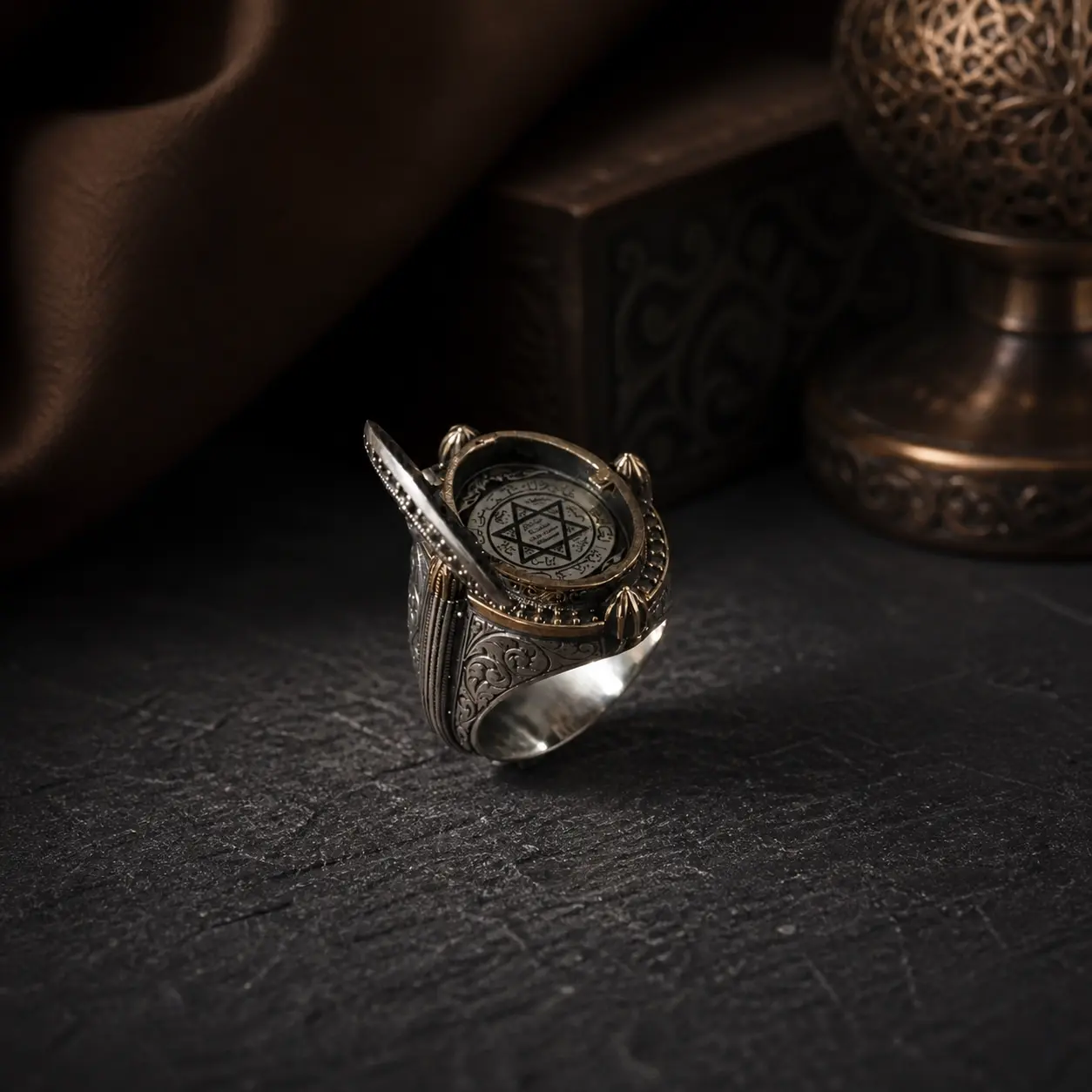 Custom Handcrafted Silver Locket Ring with Interior Seal of Solomon