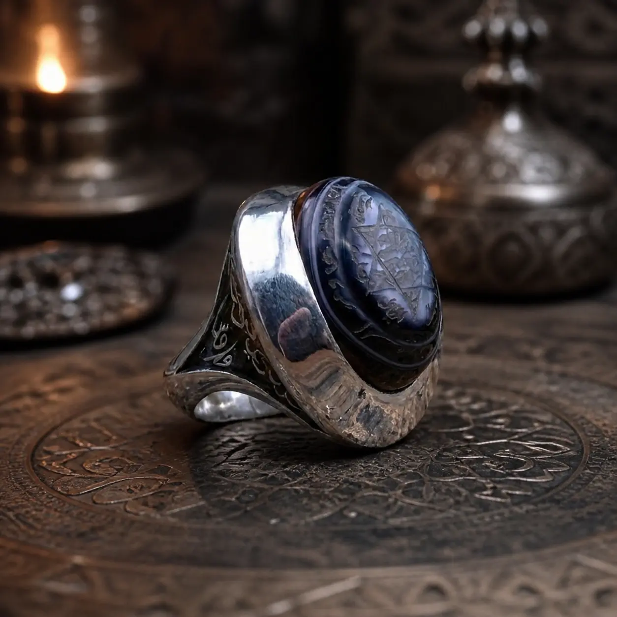 خاتم فضة رجالي بحجر عقيق يمني أسود ونقش خاتم سليمان